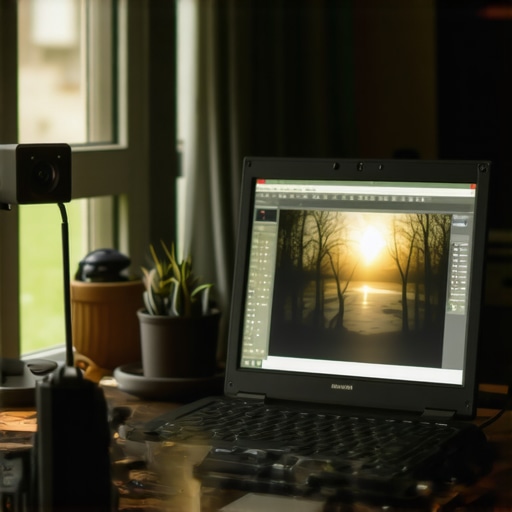 Old laptop displaying security camera feeds in a home office environment