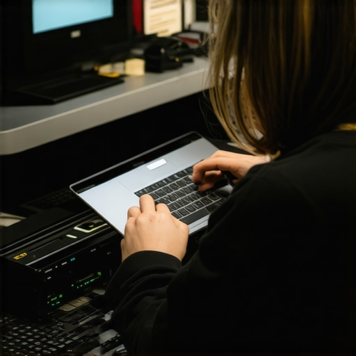 Person closely examines a refurbished laptop, inspecting ports and physical condition.