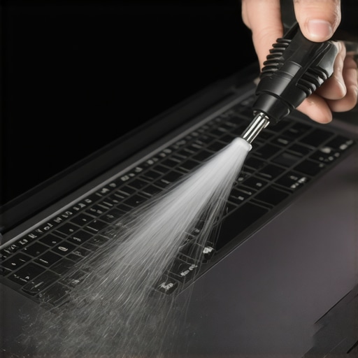 Person cleaning dust from a laptop's vents with compressed air for maintenance.