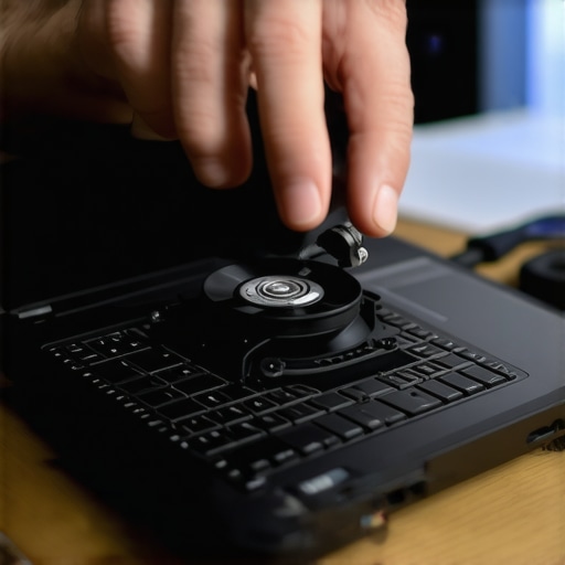Person cleaning a laptop's internal cooling fan with compressed air.
