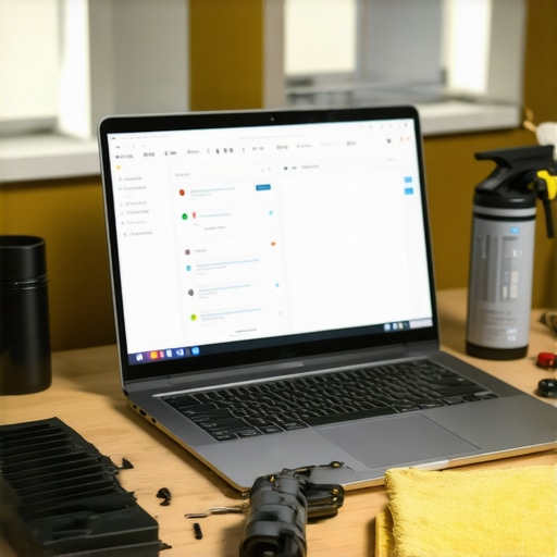 Arrangement of tools and software screens for maintaining a laptop's performance.