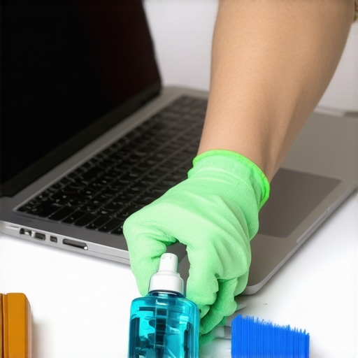Person cleaning a laptop with microfiber cloth and compressed air, demonstrating proper upkeep techniques.