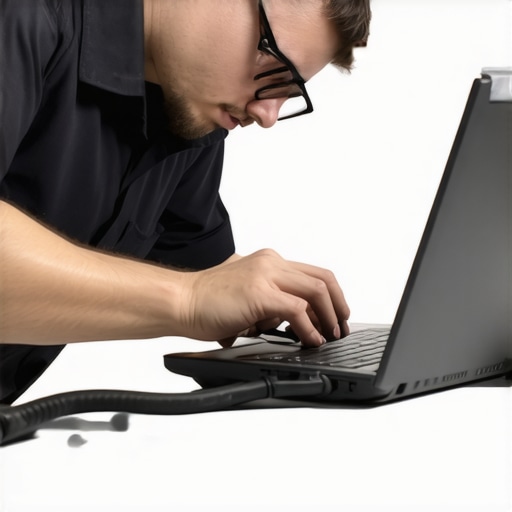 Technician cleaning laptop vents with compressed air and monitoring hardware health