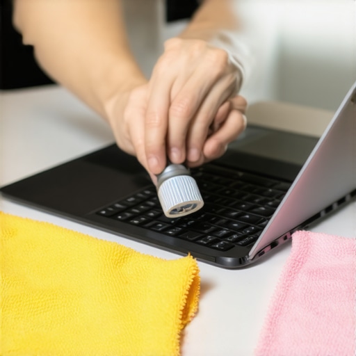 Person cleaning laptop with compressed air and microfiber cloths, demonstrating routine upkeep.
