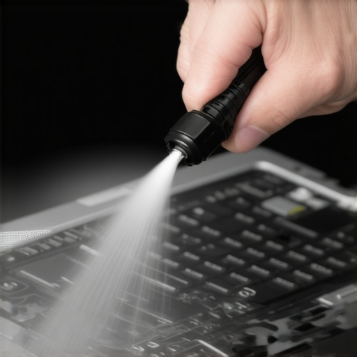 Person cleaning dust from a laptop's cooling fan with compressed air