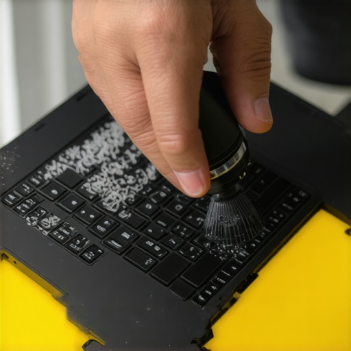 Person using compressed air to clean dust from a laptop's vents for better cooling