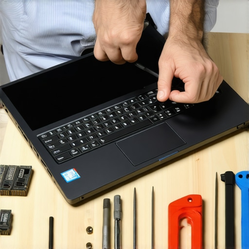 Close-up of a technician installing RAM modules into a laptop