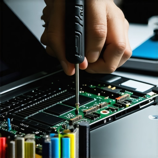 Close-up of a technician upgrading a laptop with a screwdriver and thermal paste on a workstation.