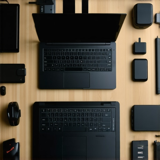 Person maintaining a laptop with cooling pads and external accessories, showcasing maintenance tools.