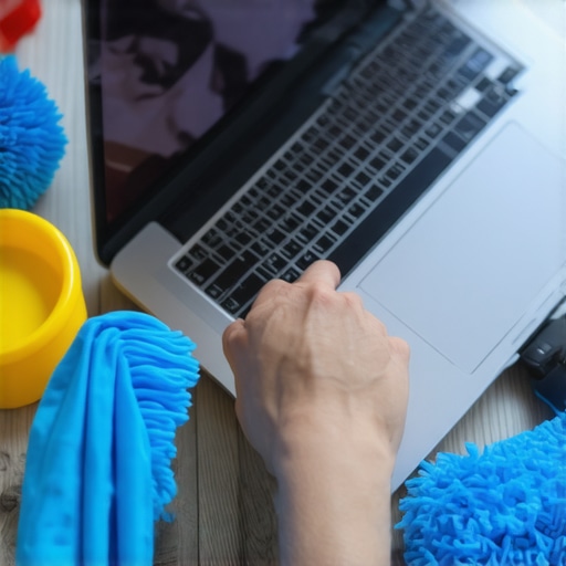 Close-up of hands cleaning a laptop while monitoring hardware health on screen