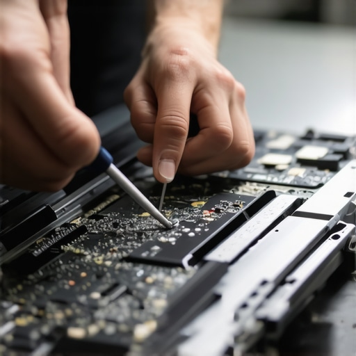 Technician cleaning laptop internals with precision toolkit