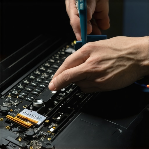 Technician cleaning dust from a gaming laptop's internal cooling system.