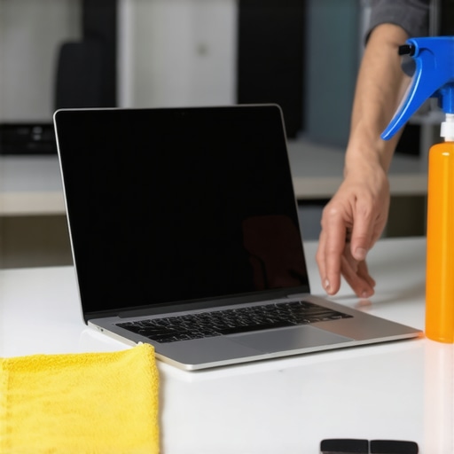 Person cleaning keyboard and mouse in workspace with microfiber cloth and compressed air.