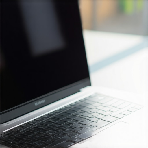 Laptop with matte screen protector being installed in a well-lit office environment.