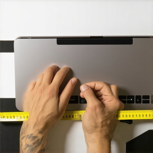Person measuring laptop screen bezel with a tape measure for custom privacy shutter