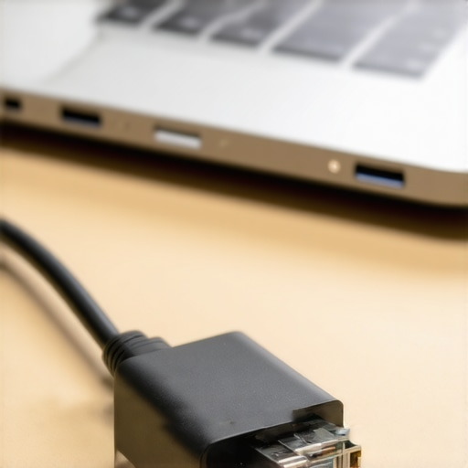 Close-up of Ethernet cable and adapter connected to a laptop in a workspace