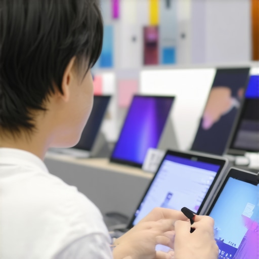 Student comparing different laptops in a store, focusing on durability and upgrade options.