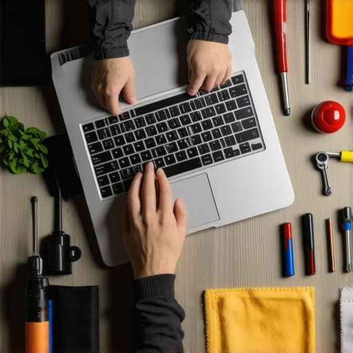 Person cleaning and maintaining a laptop with various tools