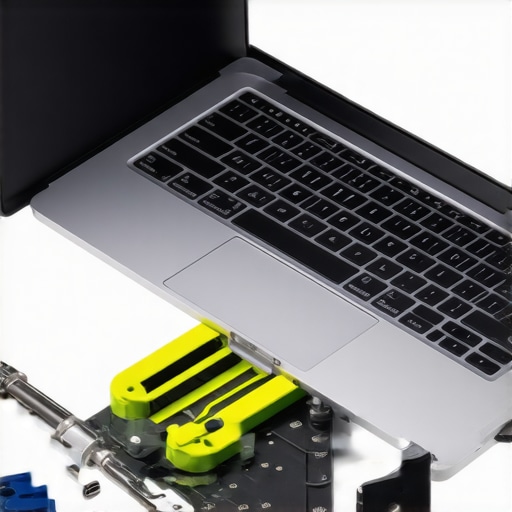 Accessible Laptop Upgrade Ports A detailed view of a laptop's accessible RAM and storage upgrade ports with tools