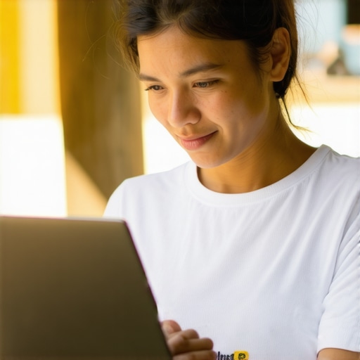Person adjusting a matte laptop screen outdoors to reduce glare.
