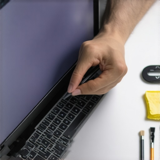 Person meticulously installing a matte screen protector on a laptop with tools nearby.