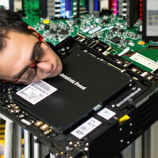 Technician inspecting a genuine branded laptop component in a high-tech repair shop