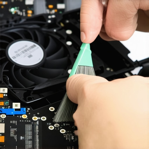 A person using a small brush to gently clean a laptop's internal fan during maintenance.