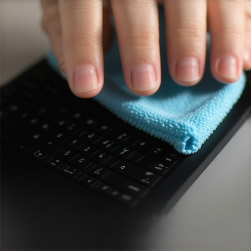 Person using compressed air and microfiber cloth to clean laptop keys