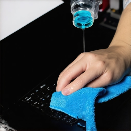 Person cleaning laptop surface with microfiber cloth and alcohol spray