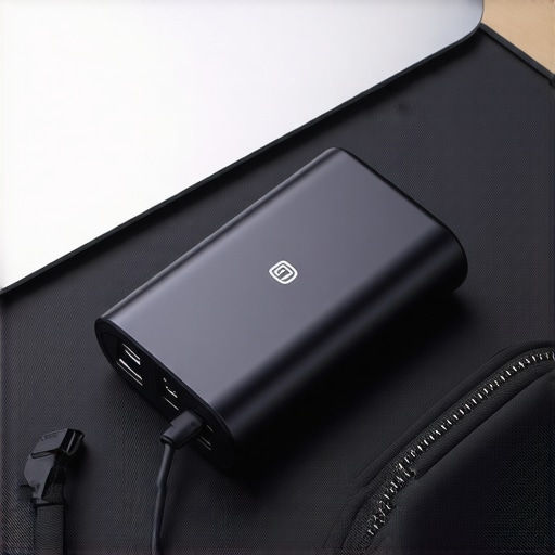 A sleek, small GaN charger with multiple USB-C ports placed next to a laptop on a desk.