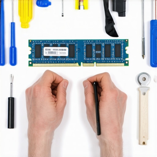 DIY Laptop Upgrade Workspace Person replacing RAM in a laptop with toolkit