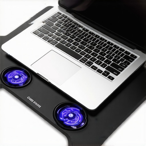 Laptop on cooling pad in workspace