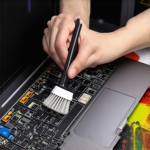 Person using an anti-static brush to clean laptop internals in a tidy workspace.