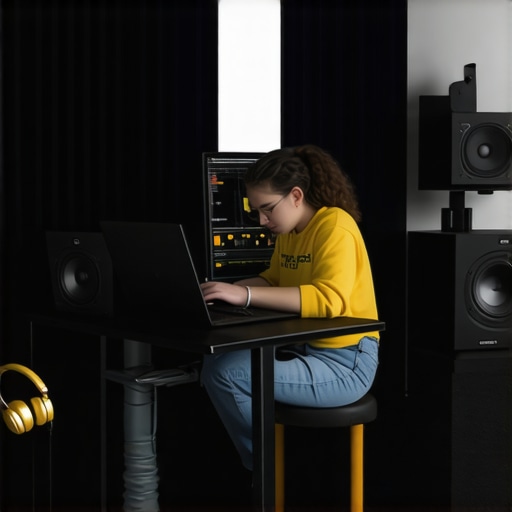 Person using a laptop on a stand with external speakers and headphones for improved sound quality.