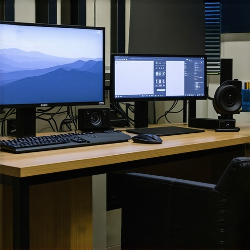 A modern workspace with two monitors, ergonomic accessories, and a clean desk, highlighting a 16:10 display setup.