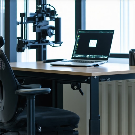 A modern ergonomic desk setup with adjustable stand, keyboard, mouse, and monitor arm for proper posture.