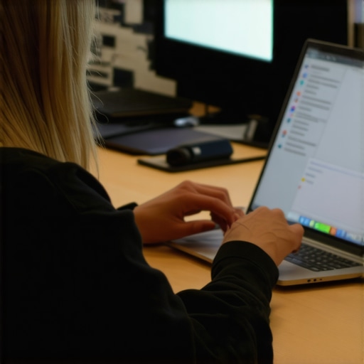 Evaluating a laptop's features and accessories Person inspecting a laptop's specs and accessories in a modern workspace.