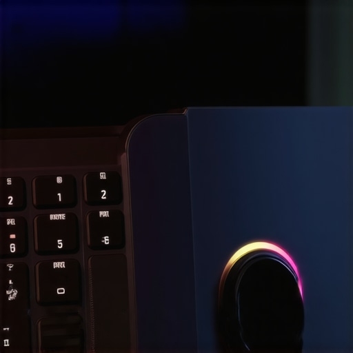 Close-up of a gaming laptop showing a physical volume dial on the side, illuminated in low light.