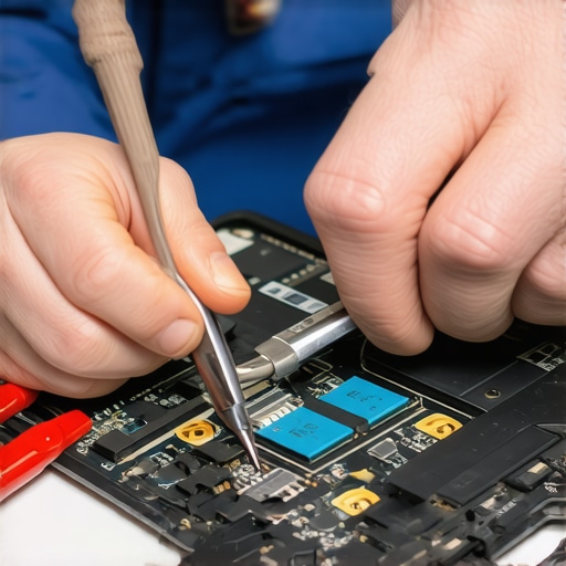 Inspecting Laptop Charging Port Technician examining a laptop's charging port with a tool