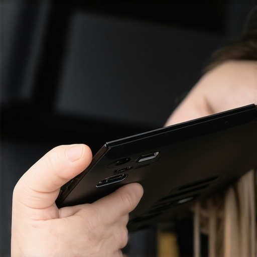Person examining a refurbished business laptop for hinge and port quality
