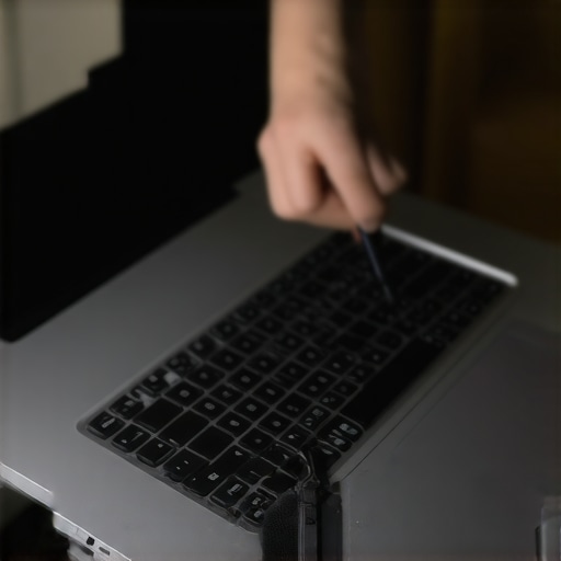 Person checking the keyboard and hinges of a used laptop during an inspection process.