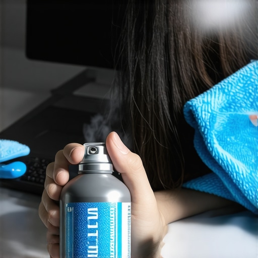 Person cleaning and maintaining laptop accessories with compressed air and microfiber cloths in a sleek workspace.