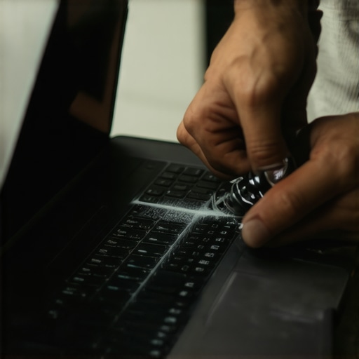 Person using compressed air to clean laptop vents during maintenance