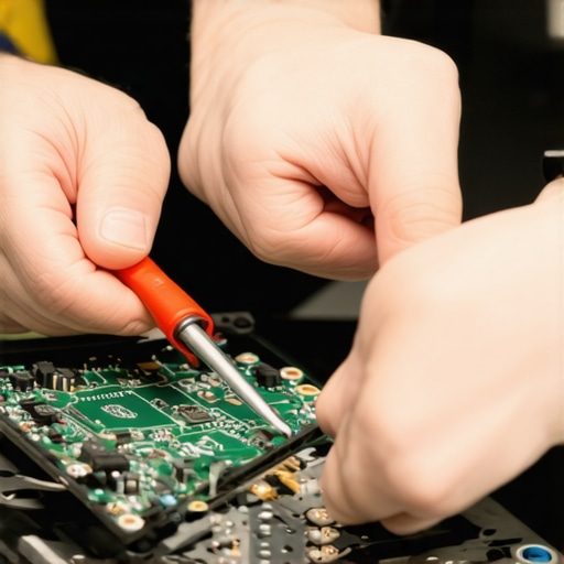 Technician inspecting laptop components with specialized tools during maintenance.