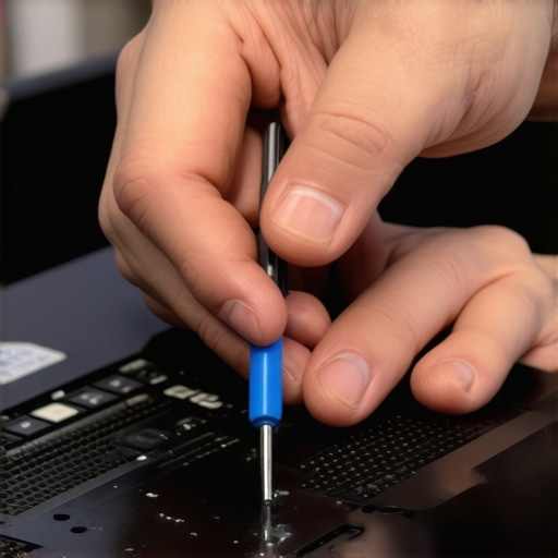 A technician carefully using a high-quality screwdriver to open a laptop for maintenance.
