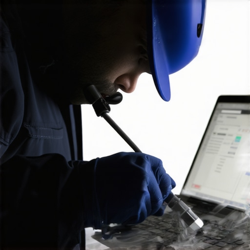 A person using compressed air to clean a laptop alongside a monitoring software display.