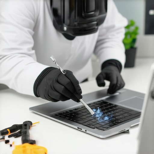 Person using tools to clean and maintain a laptop in a well-organized workspace