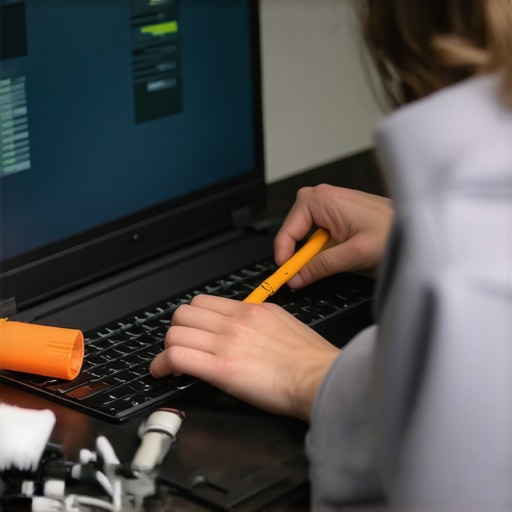 Laptop Maintenance Tools and Softwares Person cleaning and monitoring laptop hardware with specialized tools and software.
