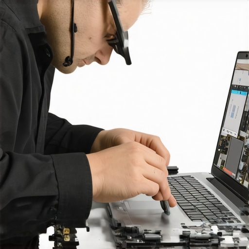 Technician using tools to clean and inspect a laptop's internal hardware for maintenance.