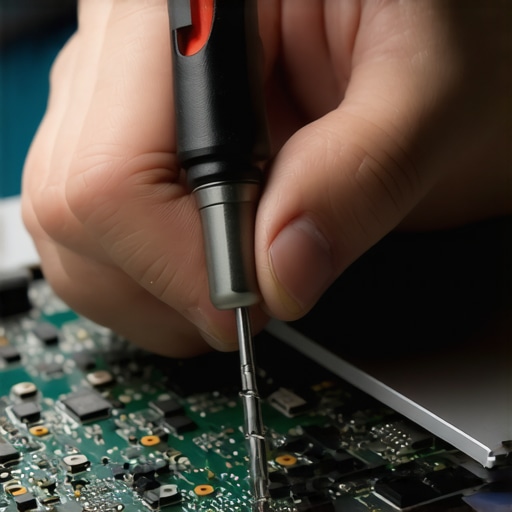 A person repairing a laptop with a screwdriver on the motherboard